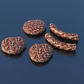 Appetizing Fresh Juicy Hamburger Patties and Sausages with Textured Surface on Dark Background