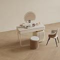 Modern Light Colored Dressing Table With Round Mirror Cosmetics Chair And Stool 3d model