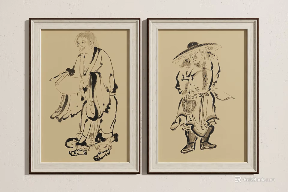 Two Traditional Framed Figure Paintings With Different Postures Hanging On Wall 3d model 