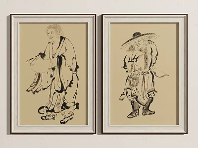 Two Traditional Framed Figure Paintings With Different Postures Hanging On Wall 3d model