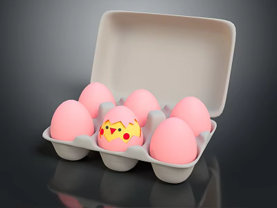 Cute Chick Pattern Decorated Pink Eggs In Open Egg Carton 3d model
