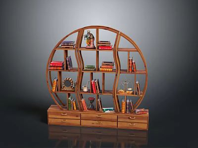 Indoor Scene Featuring Circular Wooden Bookshelf With Books Decorations And Drawers 3d model