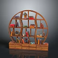 Indoor Scene Featuring Circular Wooden Bookshelf With Books Decorations And Drawers