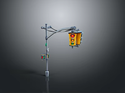Urban Street Traffic Light Pole With Yellow Signal Lights And Pedestrian Signals 3d model