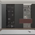 Modern Bookcase Interior Design With Glass Doors Decorative Items And Red Drawer Cabinet