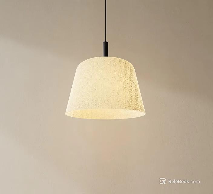 Modern Simple Pendant Light With Light Beige Linen Dome Shade Illuminated In Interior Space 3d model 