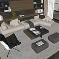 Modern Minimalist Beige Sofa and Black Coffee Table Set with Armchair Ottoman and Bookshelves