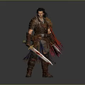 Medieval Warrior Man in Brown Leather Armor with Red Cape Holding Swords