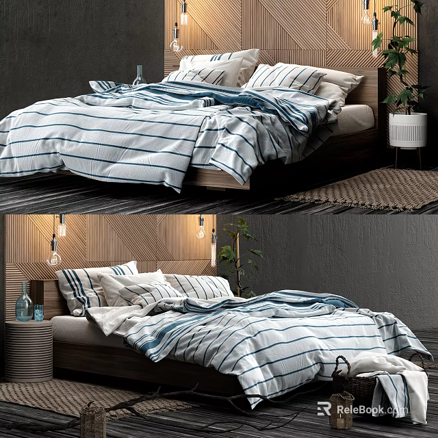 Double Bed With Striped Bedding Wooden Headboard Hanging Lights And Potted Plant 3d model 