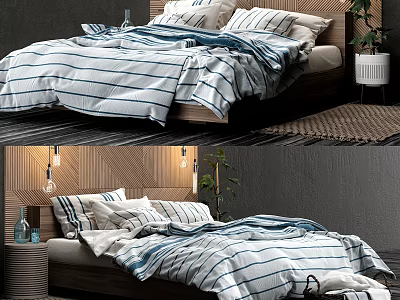 Double Bed With Striped Bedding Wooden Headboard Hanging Lights And Potted Plant 3d model