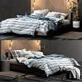 Double Bed With Striped Bedding Wooden Headboard Hanging Lights And Potted Plant