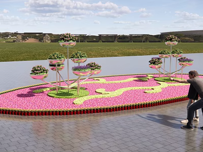 Garden Landscape with Circular Pink Flower Area Multi tiered Stands Near Water and Distant Grassland 3d model