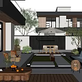 Modern Courtyard Garden With Waterfall Feature Green Lawn Stone Pathway And Wooden Seating