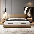 Modern Double Bed with Beige Headboard Nightstand Lamp in Modern Bedroom with Gray Accent Wall