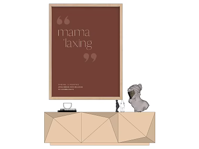 Framed Print With Mama Laxing Text On Geometric Cabinet With Stuffed Dog And Cup 3d model