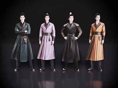 Men In Traditional Costumes With Various Colors Standing In Upright Posture 3d model