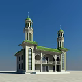 Islamic Mosque Religious Architecture With Two Green Minarets Green Roof White Walls And Arched Windows