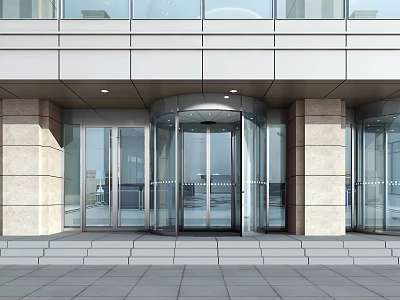 Modern Commercial Building Entrance With Revolving Glass Door Stone Walls And Steps 3d model