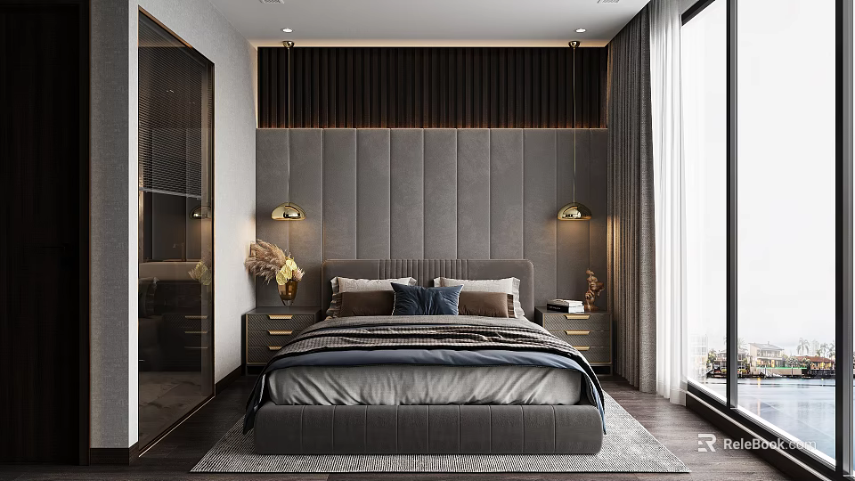 Elegant Modern Bedroom Interior Design With Tufted Gray Headboard Dark Wooden Slats And Nightstands 3d model 