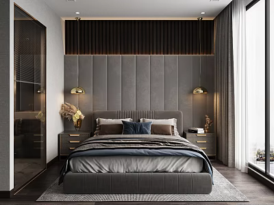 Elegant Modern Bedroom Interior Design With Tufted Gray Headboard Dark Wooden Slats And Nightstands 3d model