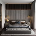 Elegant Modern Bedroom Interior Design With Tufted Gray Headboard Dark Wooden Slats And Nightstands