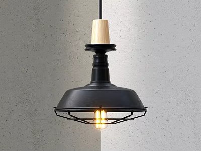 Industrial Black Metal Pendant Light With Wooden Top And Exposed Bulb Design 3d model