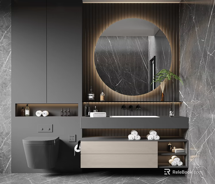 Modern Bathroom Vanity Cabinet With Round Mirror Marble Wall Sink And Storage Drawers 3d model 