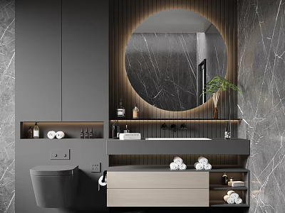 Modern Bathroom Vanity Cabinet With Round Mirror Marble Wall Sink And Storage Drawers 3d model