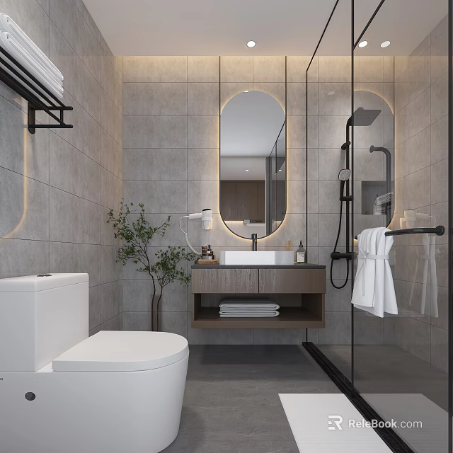 Modern Bathroom Interior With Gray Tile Walls Round Mirror And Glass Shower Door 3d model 