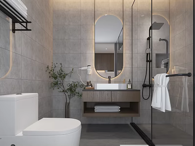 Modern Bathroom Interior With Gray Tile Walls Round Mirror And Glass Shower Door 3d model