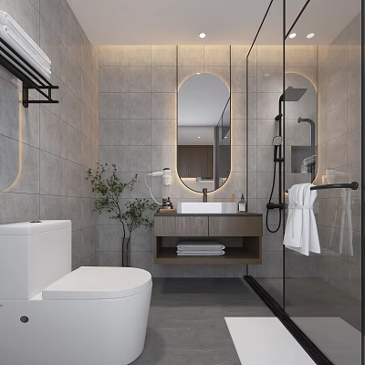 Modern Bathroom Interior With Gray Tile Walls Round Mirror And Glass Shower Door 3d model
