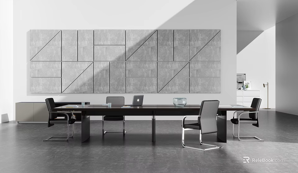 Modern Conference Table With Black Chairs Geometric Gray Wall And Dark Floor 3d model 