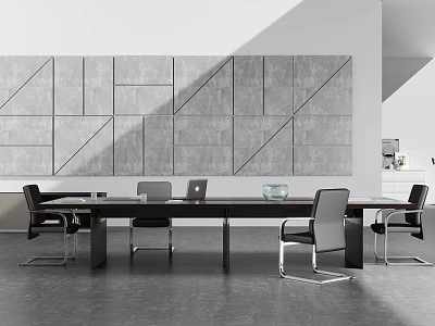 Modern Conference Table With Black Chairs Geometric Gray Wall And Dark Floor 3d model
