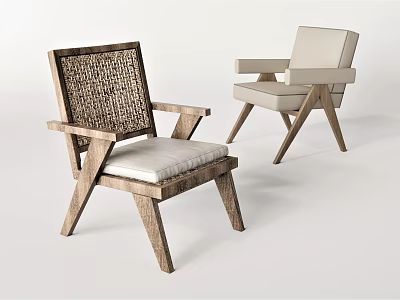 Modern Accent Chairs with Rattan Backrest Wooden Frame and Light Colored Cushion 3d model