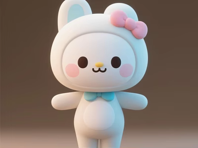 Cute Rabbit Doll With White Body Pink Bow Blue Bow Tie And Pink Cheeks 3d model