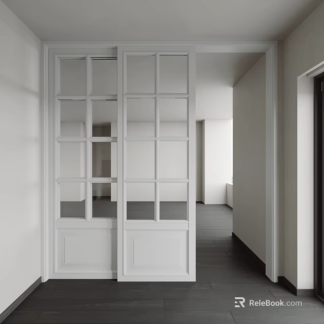 Modern White Sliding Doors With Glass Panes In Minimalist Interior Hallway 3d model 