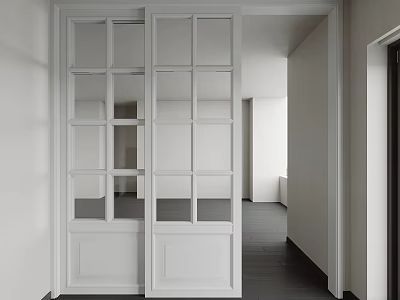Modern White Sliding Doors With Glass Panes In Minimalist Interior Hallway 3d model