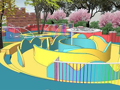 Colorful Children's Play Area With Wavy Structures Trees And Pink Blossoms 3d model