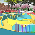 Colorful Children's Play Area With Wavy Structures Trees And Pink Blossoms
