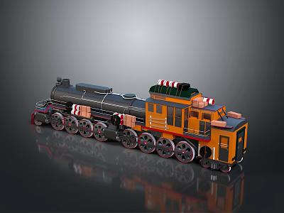 Vintage Steam Train Model With Black Boiler Orange Cab And Red White Striped Details 3d model