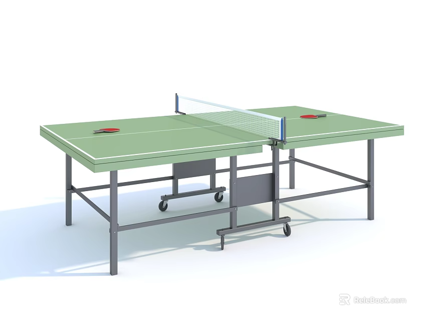 Portable Green Table Tennis Table with Net Wheels and Red Balls on Top 3d model 