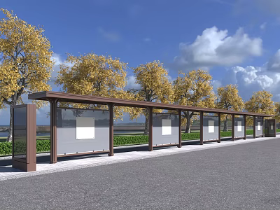 Modern Bus Station With Covered Shelter Billboards Yellow Trees Blue Sky And White Clouds 3d model