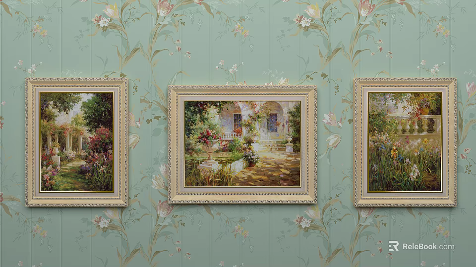 Vintage Oil Paintings Hanging on Floral Patterned Wall With Garden Scenes and Gold Frames 3d model 