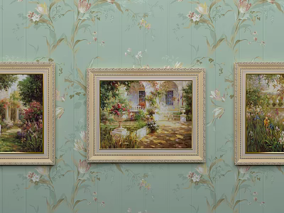 Vintage Oil Paintings Hanging on Floral Patterned Wall With Garden Scenes and Gold Frames 3d model