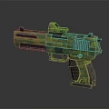 Modern Military Style Futuristic Pistol With Green Camouflage Pattern Tactical Scope And Ergonomic Grip