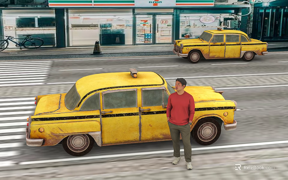 Yellow Vintage Taxi On Urban Street With A Standing Man 3d model 