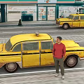 Yellow Vintage Taxi On Urban Street With A Standing Man