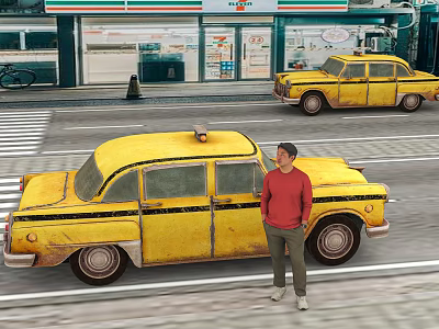 Yellow Vintage Taxi On Urban Street With A Standing Man 3d model