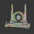 Cartoon Scene With Two Towers Circular Arch Golden Accents And Blue White Structure