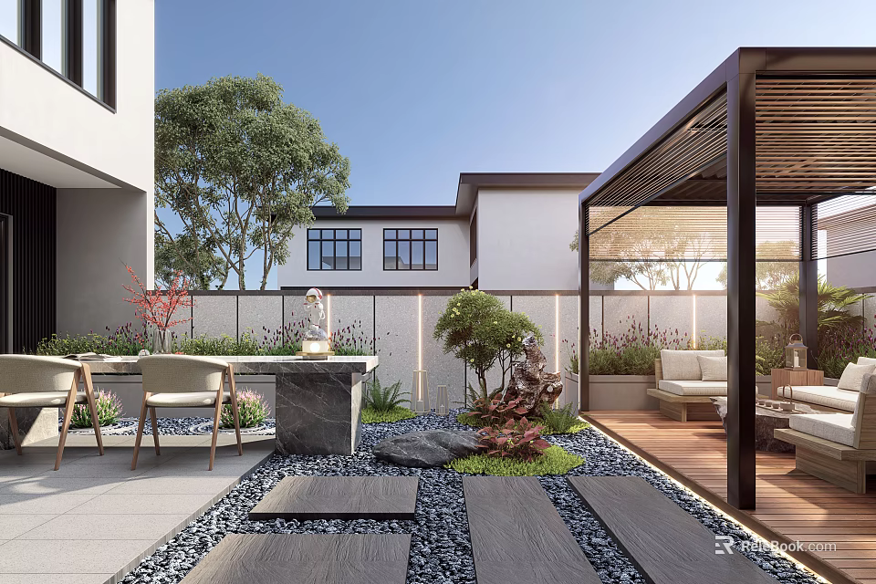 Stylish Courtyard Garden Design With Wooden Pergola Outdoor Furniture Stone Paving And Green Plants 3d model 